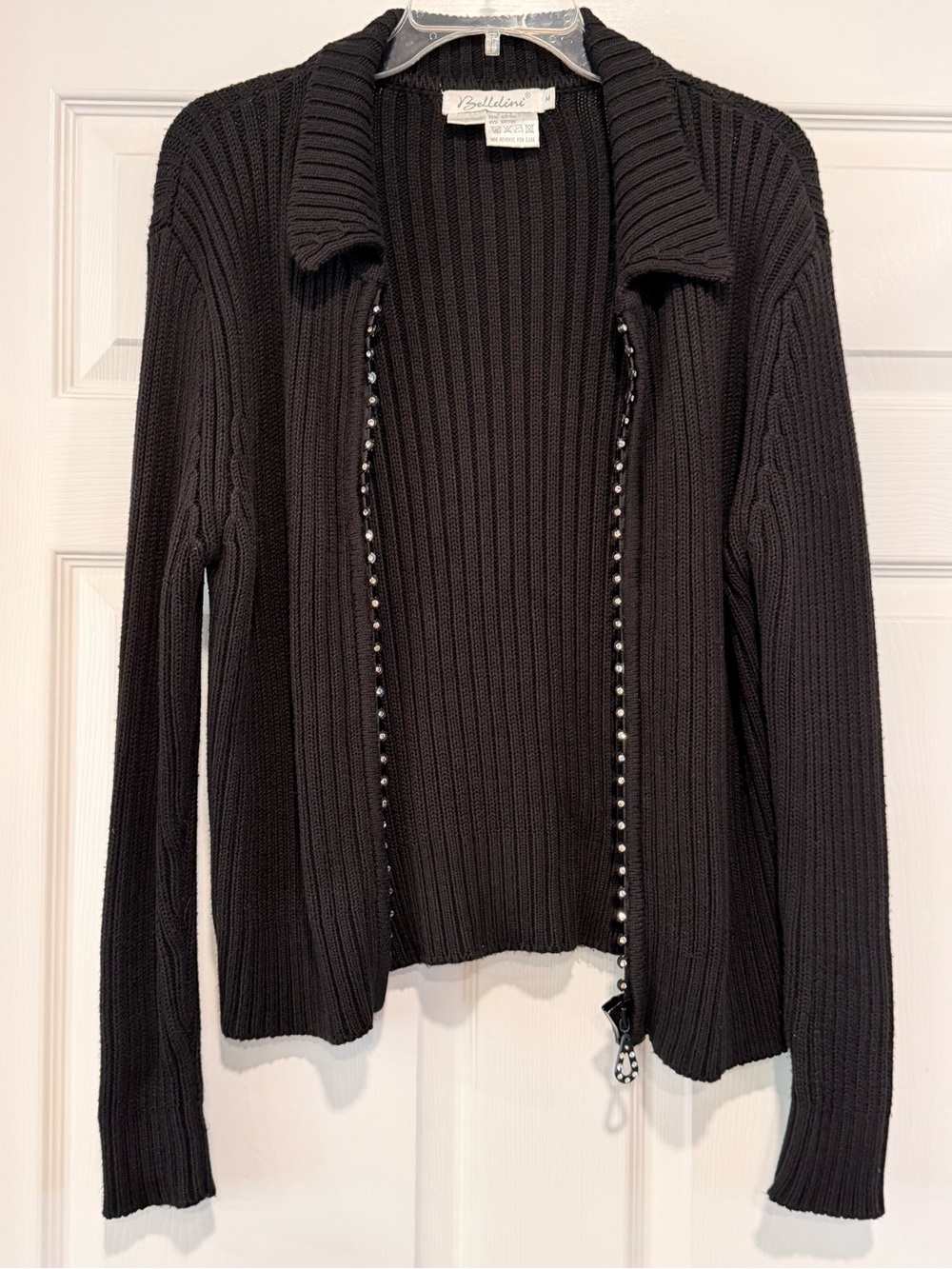 Belldini Black Ribbed Zip-Front Cardigan Crystal Bling Zipper #716